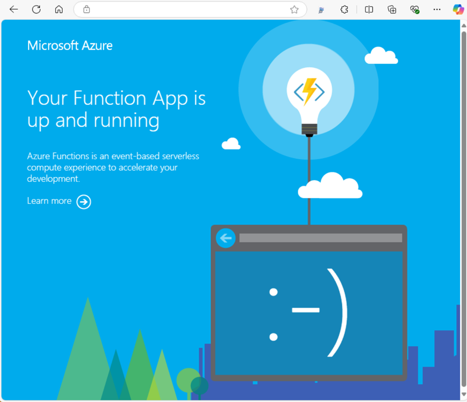 Azure Functions アプリの [ようこそ] ページのスクリーンショット。