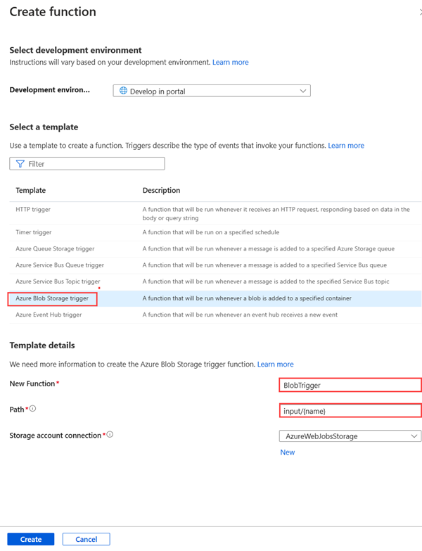 Azure Blob Storage トリガー オプションと [新しい関数とパス] フィールドが強調表示されている [関数の作成] ペインのスクリーンショット。