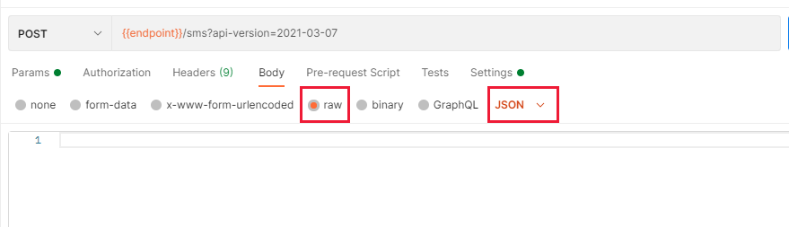 要求本文を raw と JSON に設定する方法を示すスクリーンショット。