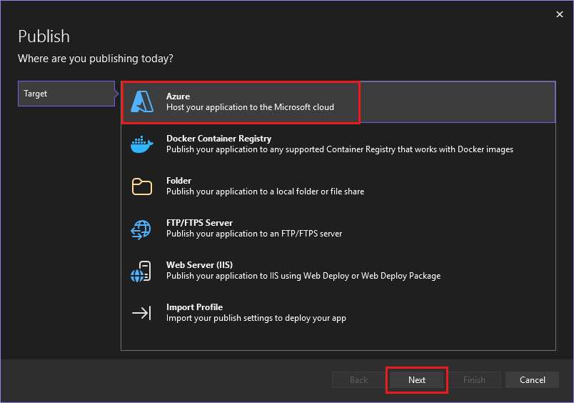 Azure に発行する方法を示すスクリーンショット。