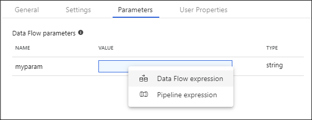 スクリーンショットには、myparam の値として Data Flow 式が選択された [パラメーター] タブが表示されています