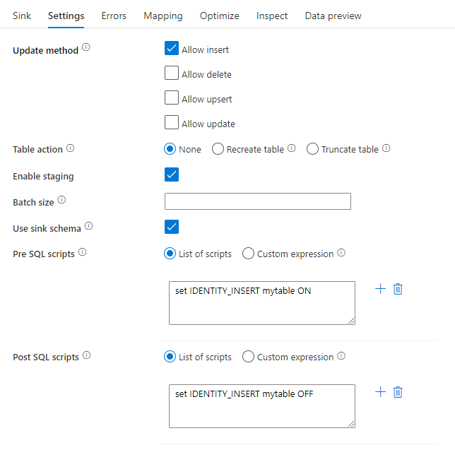 データ フローの SQL 処理前スクリプトと事後 SQL 処理スクリプトを示すスクリーンショットAzure Synapse Analytics.