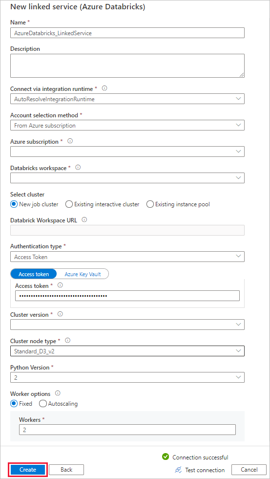 新しいAzure Databricksのリンクサービスの構成を示すスクリーンショット