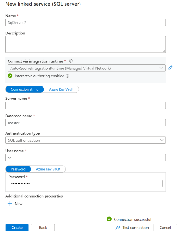 SQL Server リンク サービスの作成ページを示すスクリーンショット。