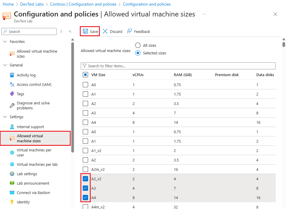 許可されている VM サイズを示すスクリーンショット。