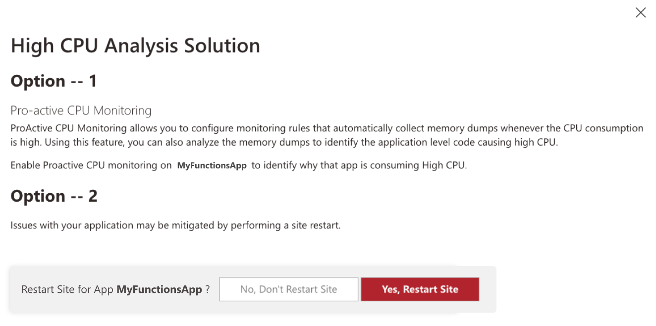 高 CPU 分析検出機能から提案されたソリューションのスクリーンショット。