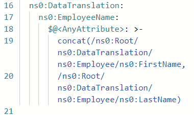 スクリーンショットには、複数の入力と 1 つの出力を持つ Concat 関数を含む [コード] ペインが示されています。