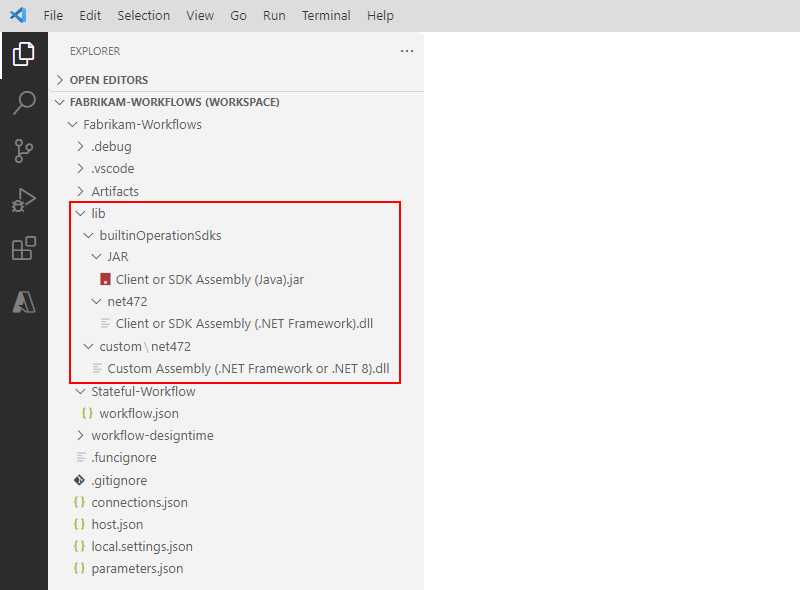 スクリーンショットは、Visual Studio Code プロジェクトの構造と展開されたアセンブリ フォルダーを示しています。