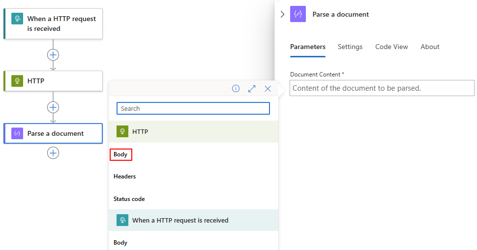 ワークフロー デザイナーを示すスクリーンショット。ドキュメントの解析という名前のアクションがあり、動的コンテンツ リストが開いていて、HTTP アクションからの本文の出力が選択されています。