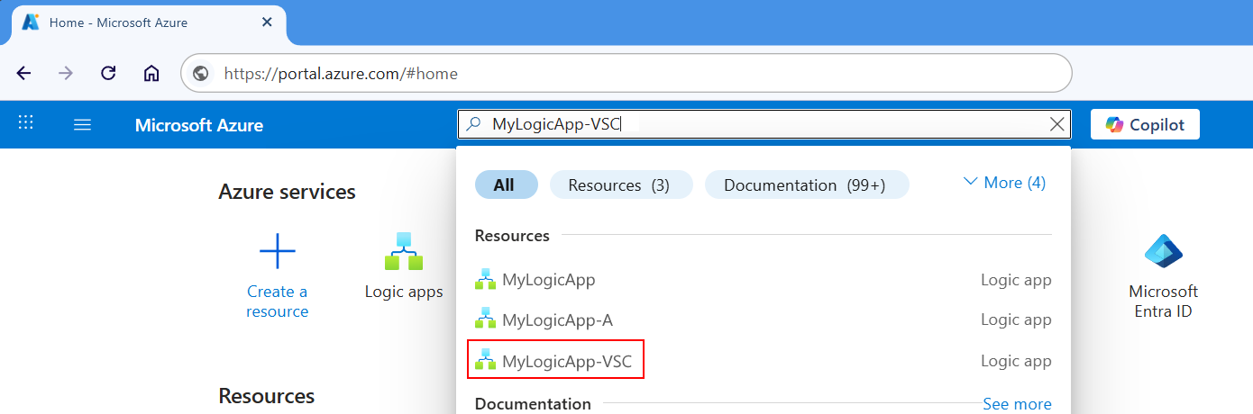 Azure portal のスクリーンショットで、検索ボックスに入力されたロジック アプリの名前が示され、結果が強調表示されています。