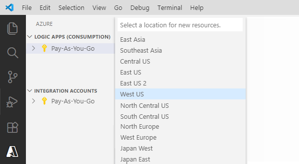 選択した Azure リージョンを示すスクリーンショット。