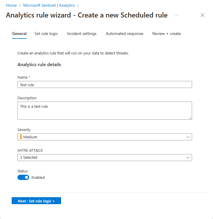 Azure portalで分析ルール ウィザードの画面を開くスクリーンショット。