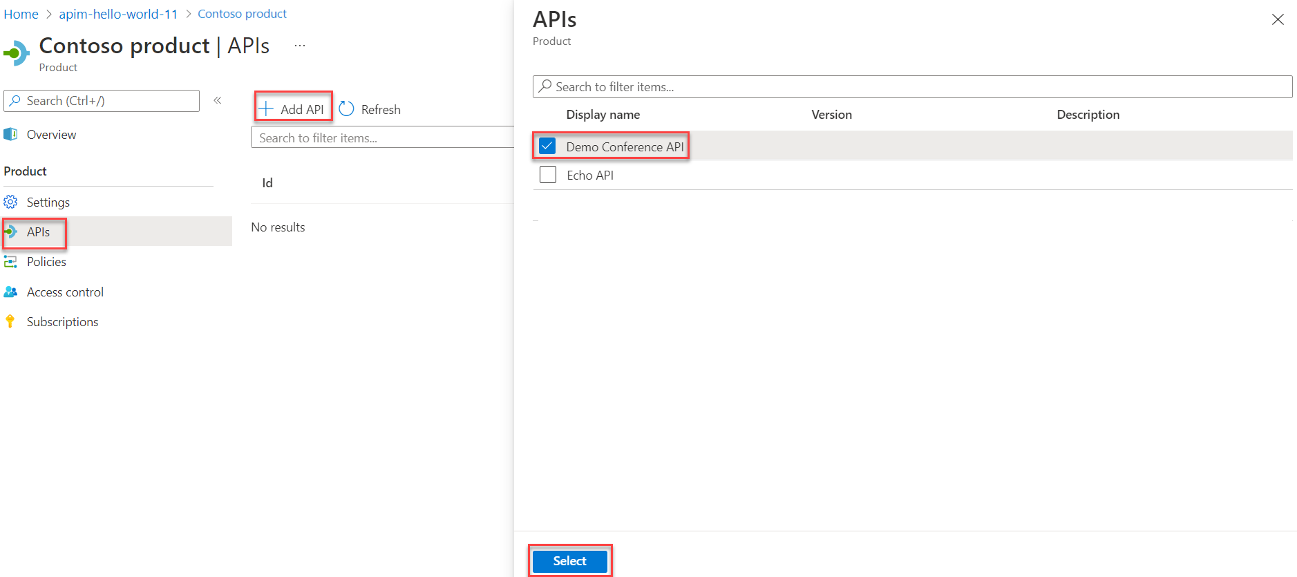Azure portal の [API Management Products API] ブレードのスクリーンショット。静的 Web Apps リソース用に作成された製品に API を追加する方法が示されています。