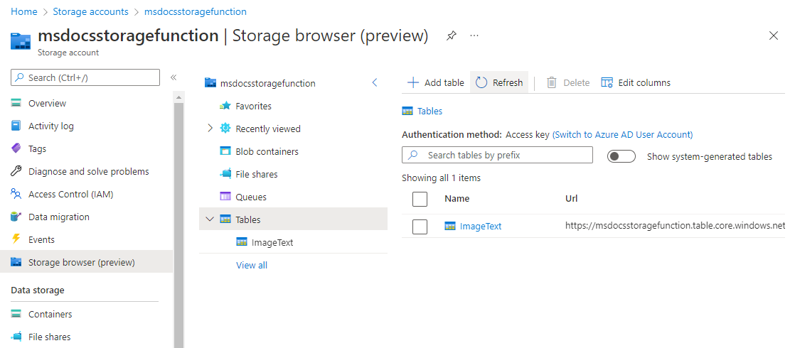 Azure Table Storage のテキスト エントリを示すスクリーンショット