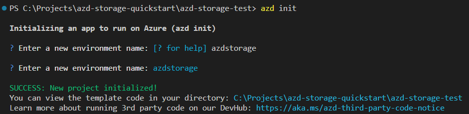 Azure Developer CLI init コマンドを示すスクリーンショットです。