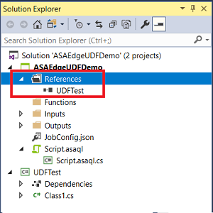 Visual Studioのソリューション エクスプローラーにおけるユーザー定義関数参照のスクリーンショットです。