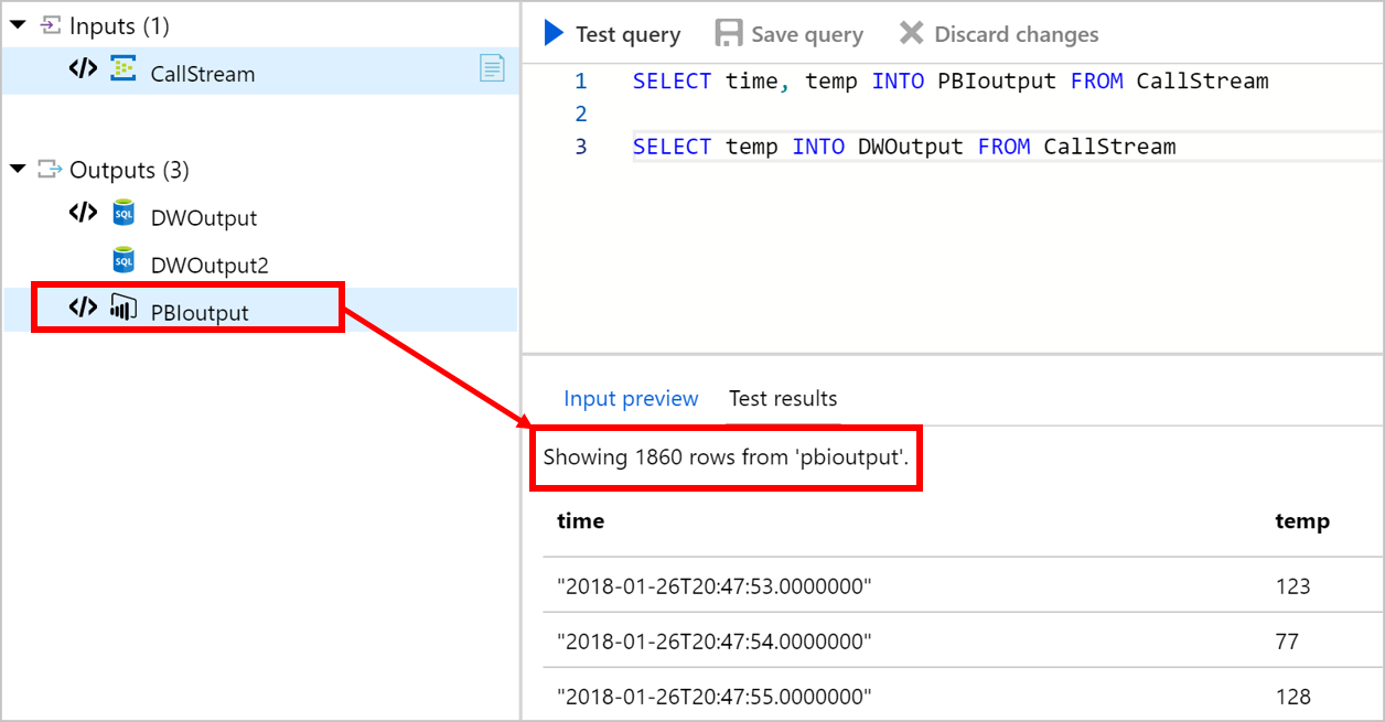 選択した出力先Azure Stream Analyticsテスト結果のスクリーンショット。