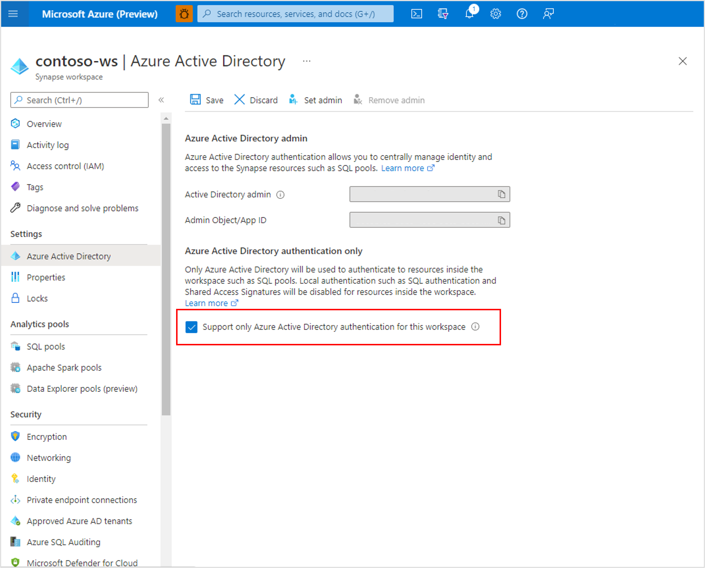 ワークスペース作成後の Microsoft Entra 専用認証の構成