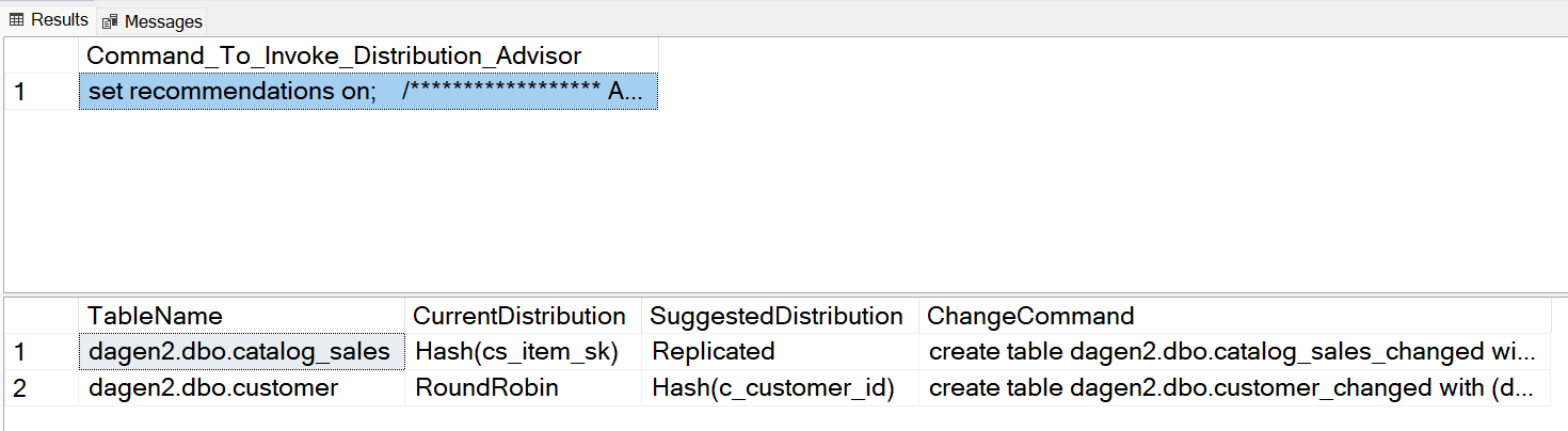 テーブル変更 T-SQL コマンドを含む 2 つ目の結果セットを含むCommand_to_Invoke_Distribution_Advisorを示す T-SQL 結果の出力のスクリーンショット。