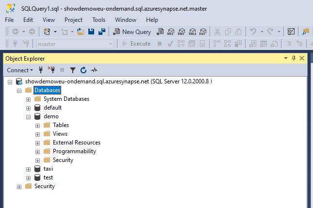 サーバーレス SQL プール用の [オブジェクト エクスプローラー] ウィンドウを示すスクリーンショット。