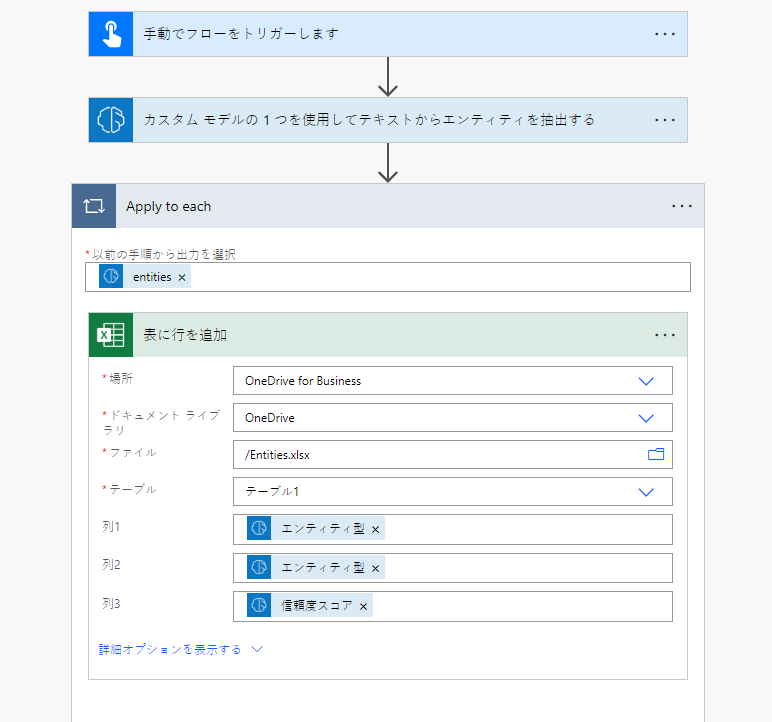 エンティティ抽出クラウド フローの例。