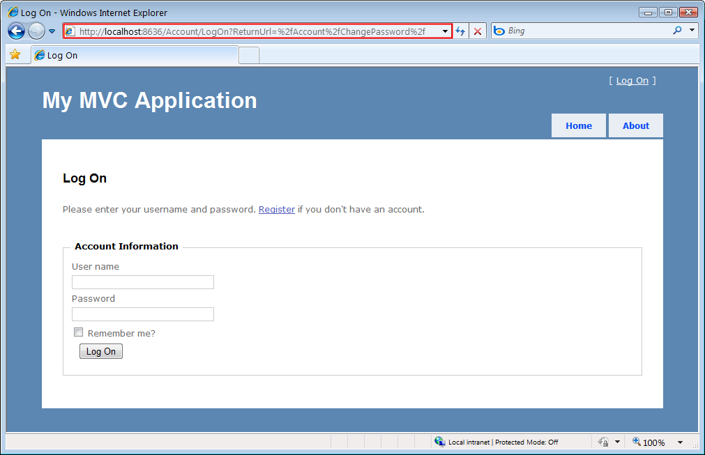 [My M V C Application Log On]\(マイ M V C アプリケーション ログオン\) ページを示すスクリーンショット。タイトル バーが強調表示されています。