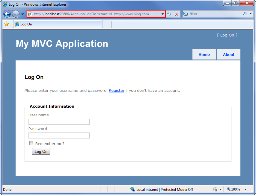 [My M V C Application Log On]\(マイ M V C アプリケーション ログオン\) ページを示すスクリーンショット。タイトル バーが強調表示され、外部の戻り値 U R L が入力されます。