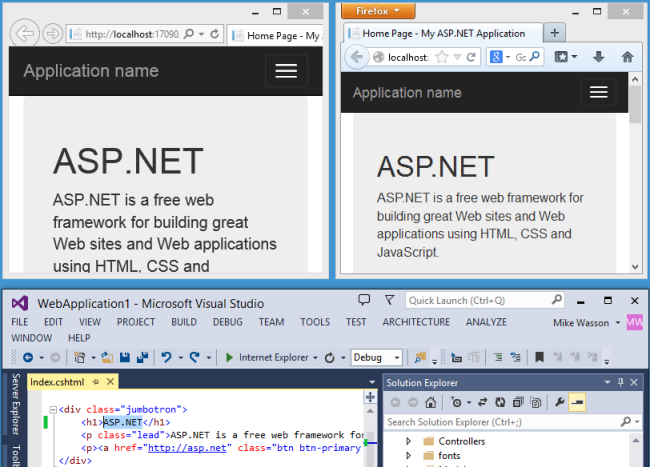 アプリケーションが 2 つのブラウザーで並行して実行されている ASP.NET プロジェクトのスクリーンショット。Visual Studio でブラウザーの下にプロジェクトが表示されています。
