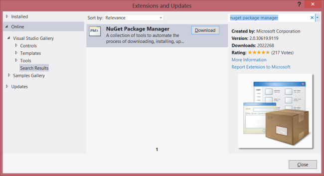 検索結果に NuGet パッケージ マネージャーが表示されている [拡張機能と更新プログラム] ダイアログ ボックスのスクリーンショット。灰色で強調表示されています。