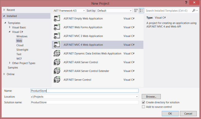 Visual Studio の新しいプロジェクト画面のスクリーンショット。S P ドット ネット M V C 4 Web アプリケーションが強調表示されています。