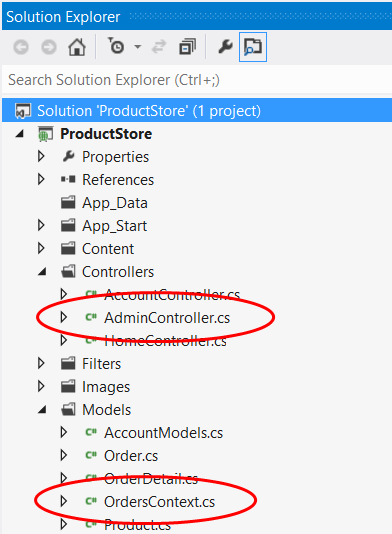 ソリューション エクスプローラーのプロジェクト ビューのスクリーンショット。AdminController ドット c s と OrdersContext ドット c s が強調表示されています。