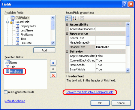 HiredDate BoundField を TemplateField に変換する