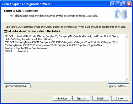 元の DAL の Products TableAdapter から同じ SQL クエリを使用する