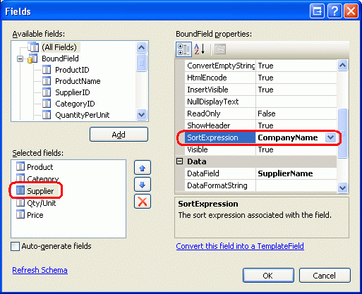 SupplierName BoundField s SortExpression を CompanyName に変更する