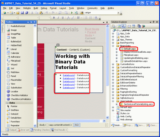 SectionLevelTutorialListing.ascx ユーザー コントロールをDefault.aspxに追加する