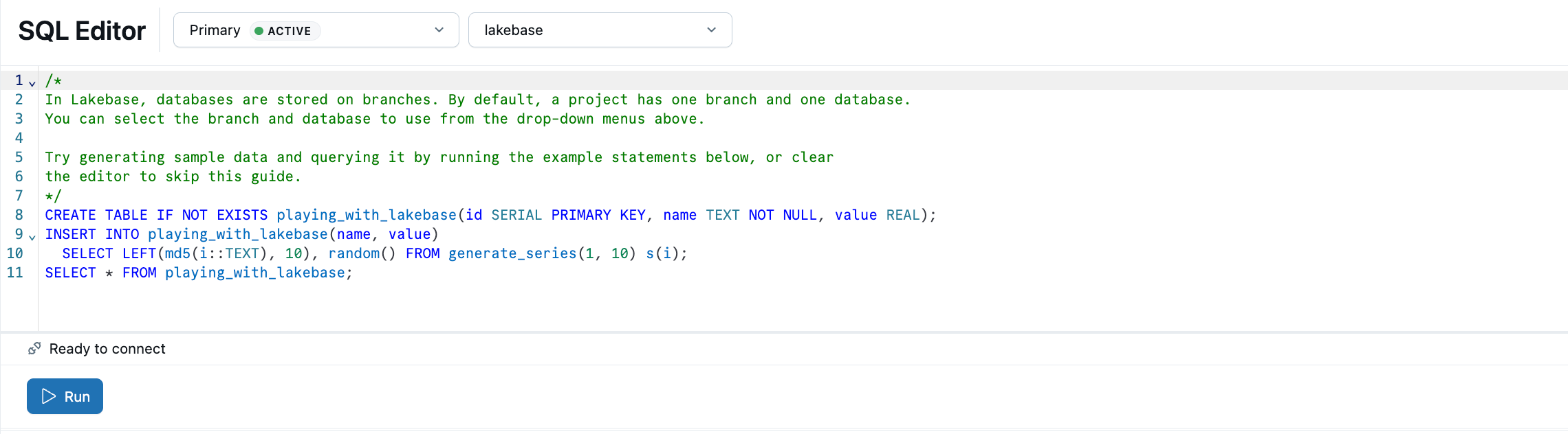 プリロードされたサンプル SQL を含む SQL エディター