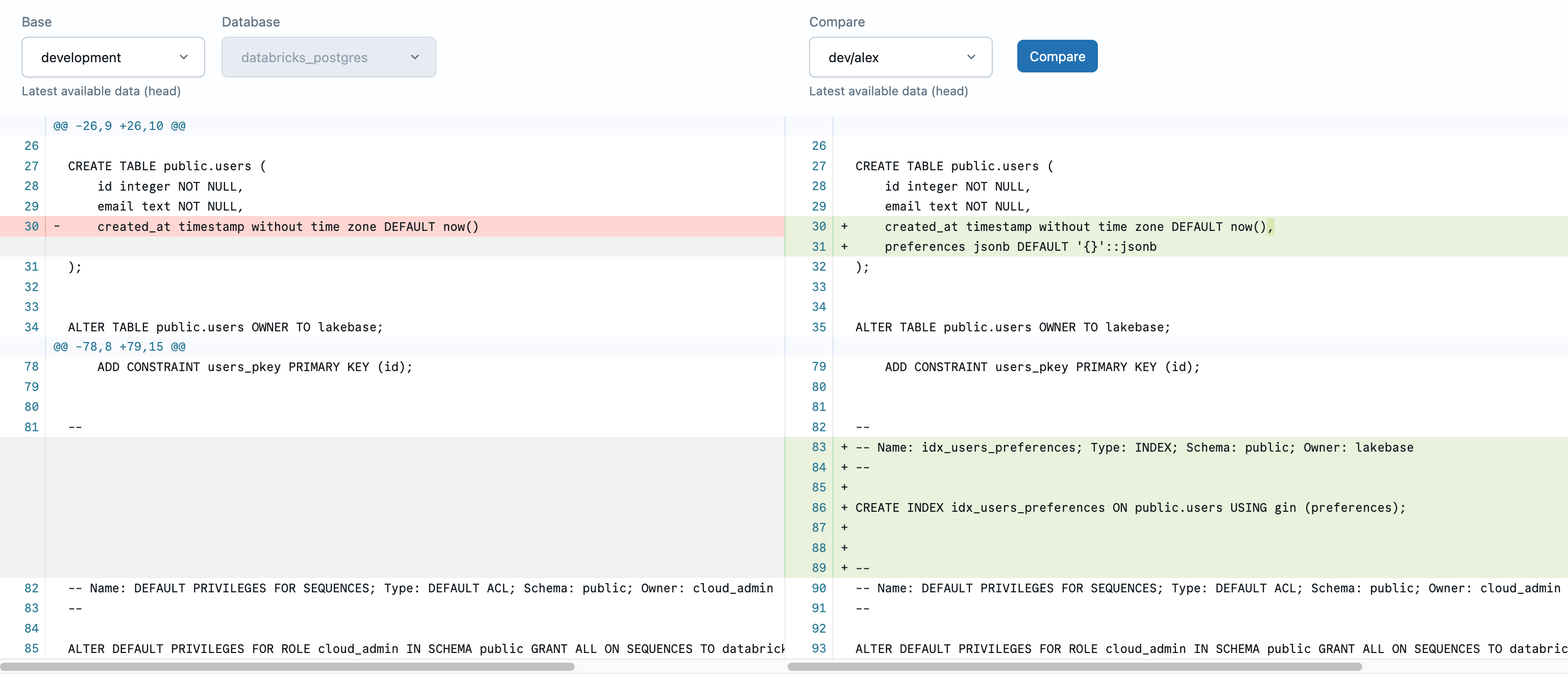 dev/alex ブランチに preferences 列とインデックスが追加されたことを示すスキーマ差分