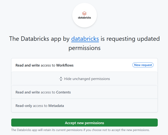  Databricks GitHub アプリがワークフロー アクセスを要求したときに受信する可能性がある電子メール イメージ