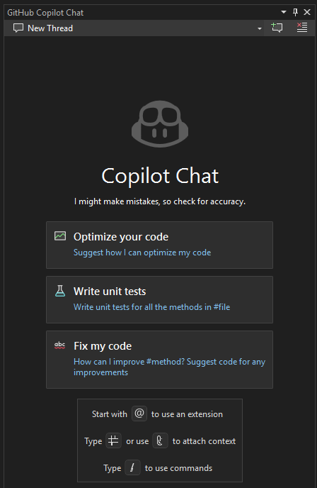 Visual Studio 2022 の GitHub Copilot チャットウィンドウを示すスクリーンショット