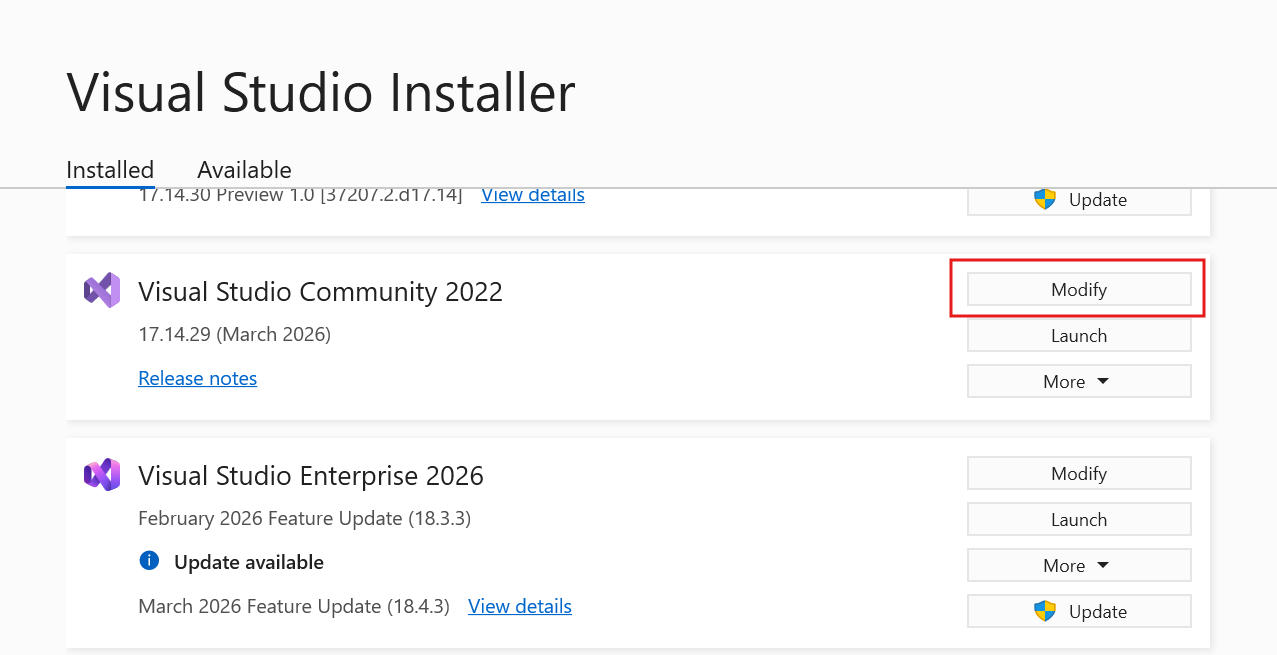 変更ボタンが強調表示されたVisual Studioインストーラーを示すスクリーンショット。