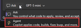 Visual Studio 2026 のチャット領域におけるモードメニューを示すスクリーンショット