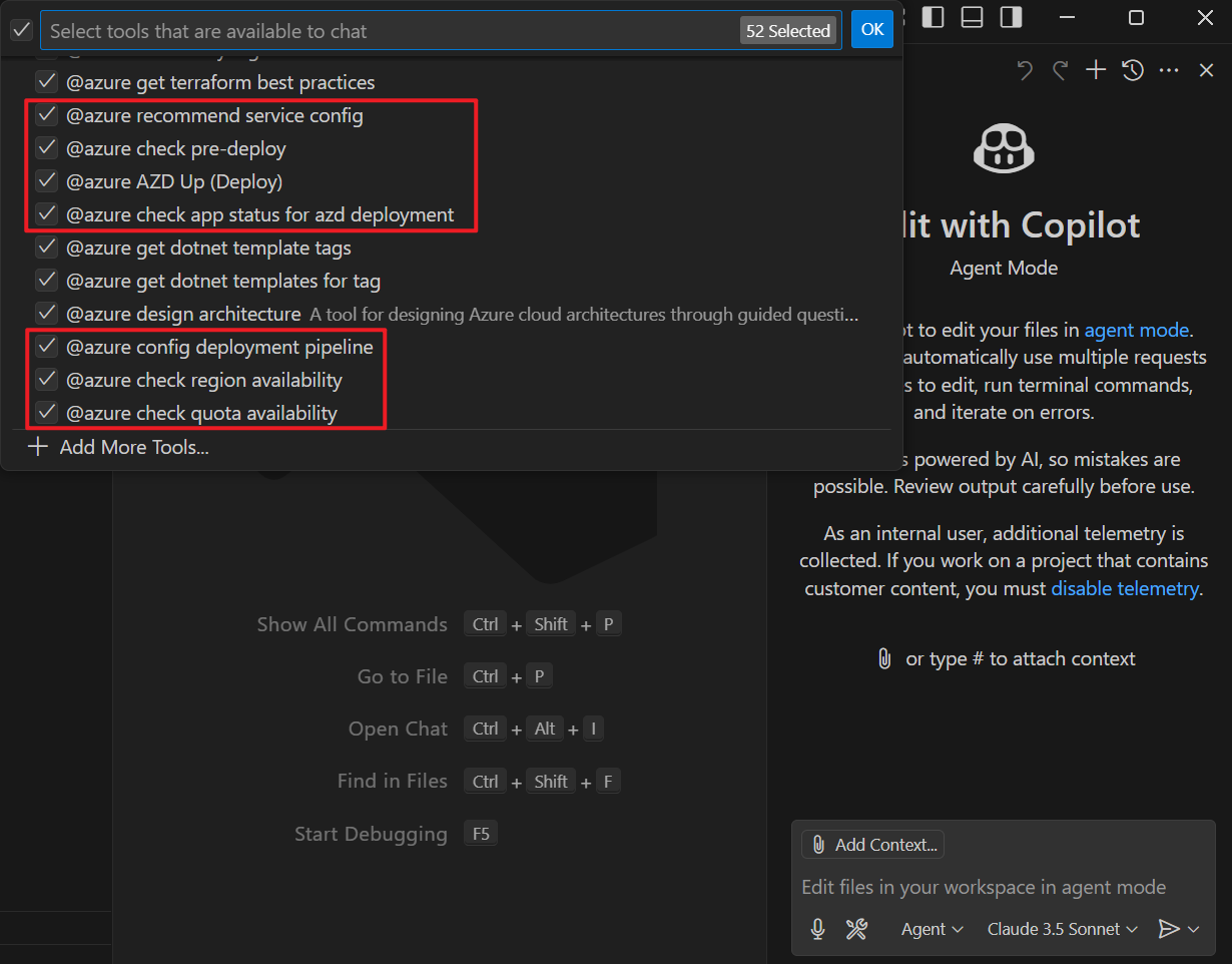 Azure ツール用に選択された GitHub Copilot のスクリーンショット。
