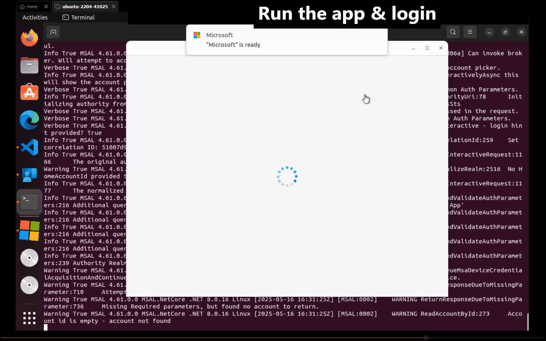 ブローカー対応 InteractiveBrowserCredential インスタンスを使用してユーザーを認証するときの Linux サインイン エクスペリエンスを示すアニメーション GIF。