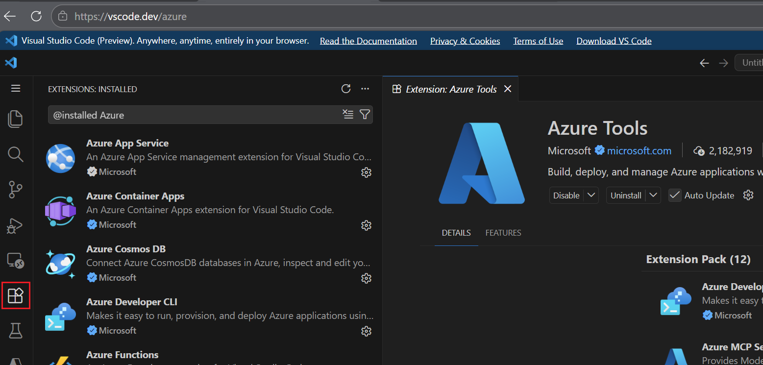 Azure Tools 拡張機能パックの詳細とインストールされている Azure 拡張機能の一覧を示す VS Code for the Web のスクリーンショット。