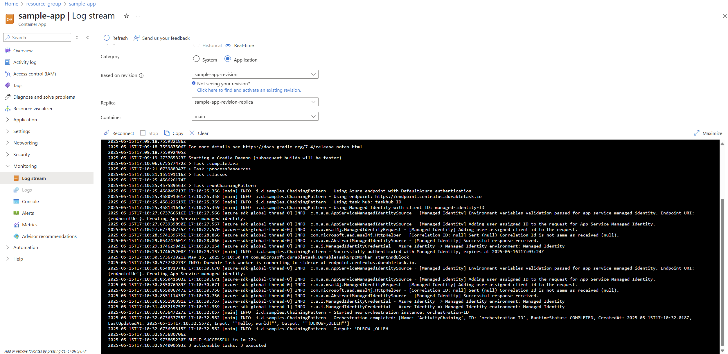 Azure portal での Java サンプル アプリのログ ストリームのスクリーンショット。