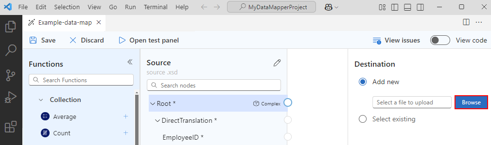 スクリーンショットには、[新規追加] と [参照] のオプションが選択されている Data Mapper と [変換先] ペインが示されています。