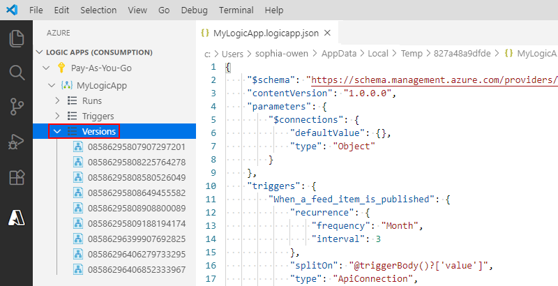 Visual Studio Code とロジック アプリの以前のバージョンを示すスクリーンショット。
