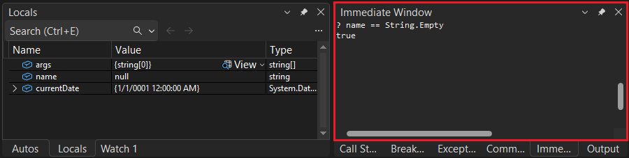 ステートメントの実行後に true の値を返すイミディエイト ウィンドウ - C#