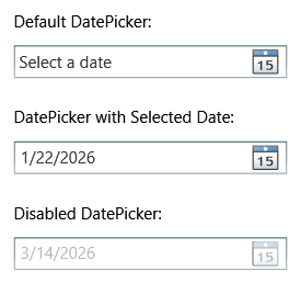 異なる状態の DatePicker コントロール。