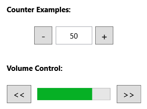 カウンター テキスト ボックスの末尾の一般的な配置を示す 2 つの RepeatButton コントロール。